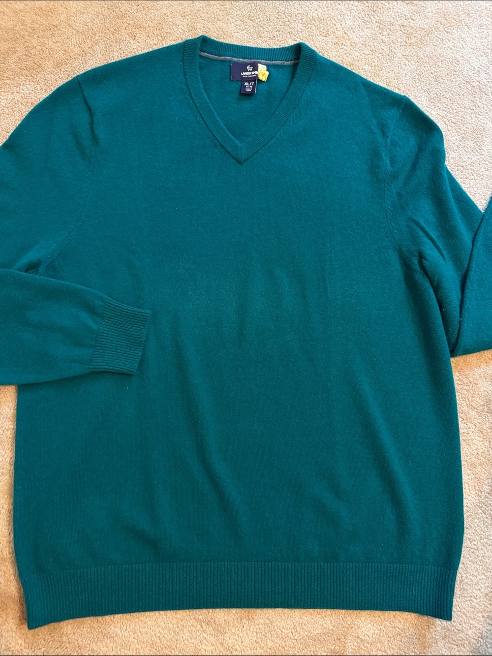 Lands' End Men's V-Neck 100% Cashmere Sweater in Teal Green